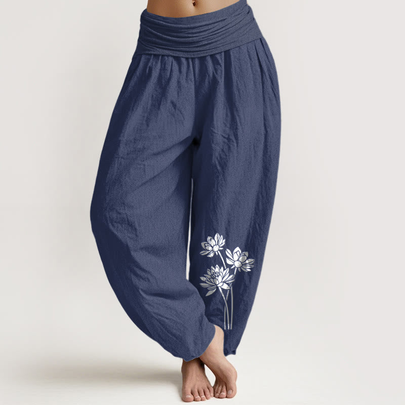 Buddha Stones Casual Three Lotus Flowers Pattern Women's Elastic Waist Harem Cotton Pants - DarkSlateBlue - US16，UK/AU20，EU48 (3XL) - image 14