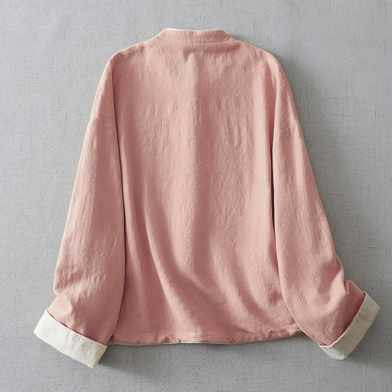 Buddha Stones Women's Plain Jacquard Stand Collar Long Sleeve Cotton Jacket With Pockets - image 6