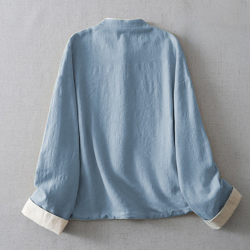 Buddha Stones Women's Plain Jacquard Stand Collar Long Sleeve Cotton Linen Jacket With Pockets - image 8