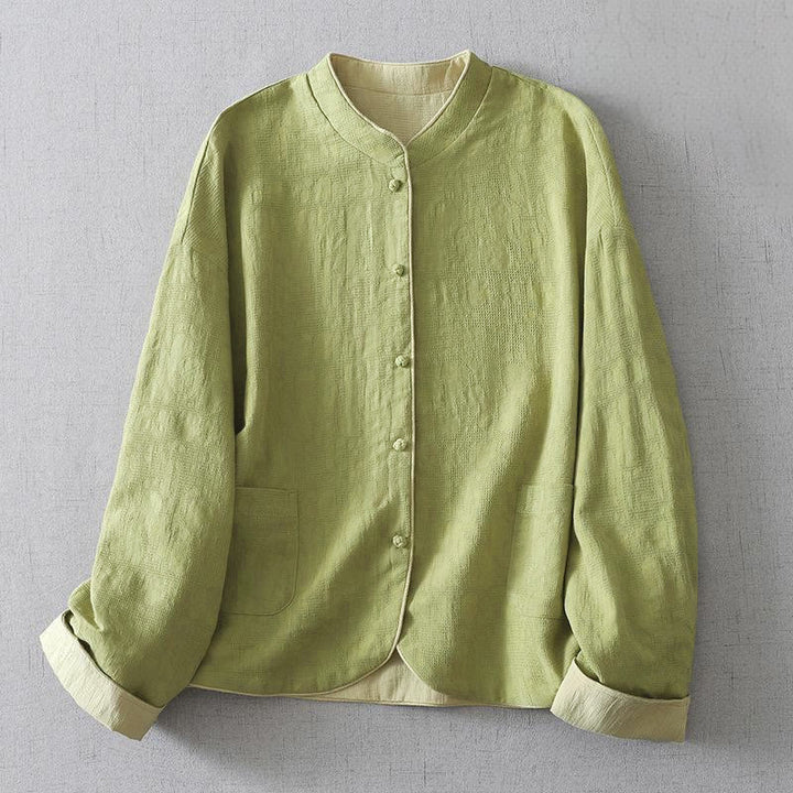 Buddha Stones Women's Plain Jacquard Stand Collar Long Sleeve Cotton Linen Jacket With Pockets - YellowGreen - US8-10，UK/AU12-14，EU40-42 (2XL) - image 0