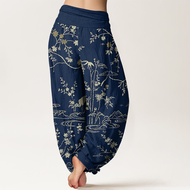 Buddha Stones Crane Floral Tree Branches Pattern Print Women's Elastic Waist Harem Pure Cotton Pants - image 1