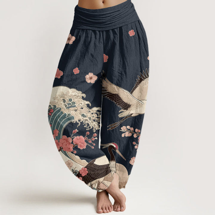 Buddha Stones Pure Cotton Cranes Peach Blossoms Ocean Women's Elastic Waist Harem Pants - Black - US16，UK/AU20，EU48 (3XL) - image 5