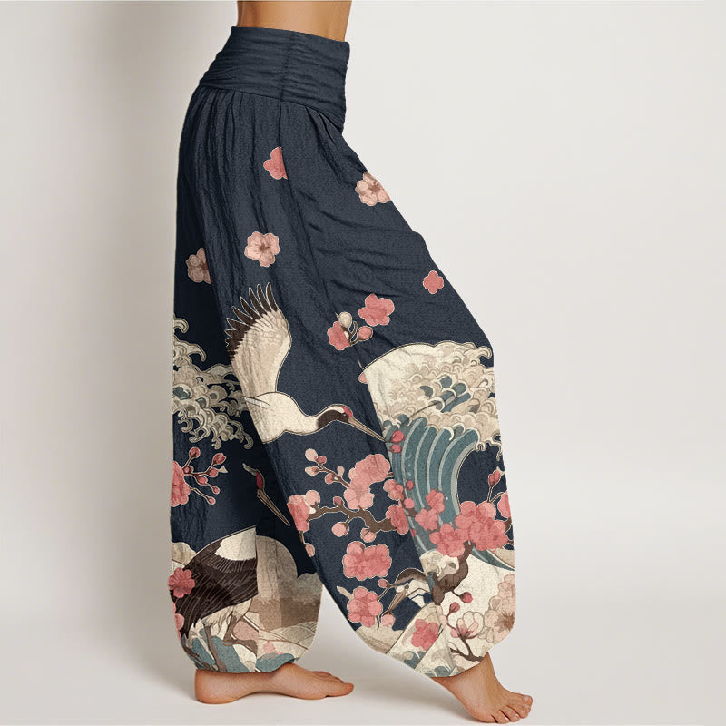 Buddha Stones Pure Cotton Cranes Peach Blossoms Ocean Women's Elastic Waist Harem Pants - image 7