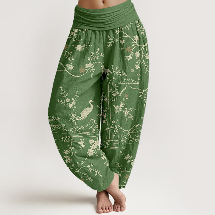 Buddha Stones Crane Floral Tree Branches Pattern Print Women's Elastic Waist Harem Pure Cotton Pants - ForestGreen - US16，UK/AU20，EU48 (3XL) - image 5