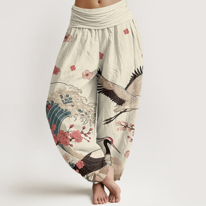 Buddha Stones Pure Cotton Cranes Peach Blossoms Ocean Women's Elastic Waist Harem Pants - Linen - US16，UK/AU20，EU48 (3XL) - image 8