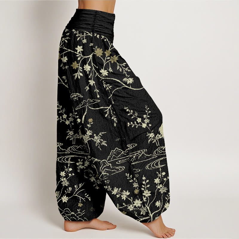 Buddha Stones Crane Floral Tree Branches Pattern Print Women's Elastic Waist Harem Pure Cotton Pants - image 10
