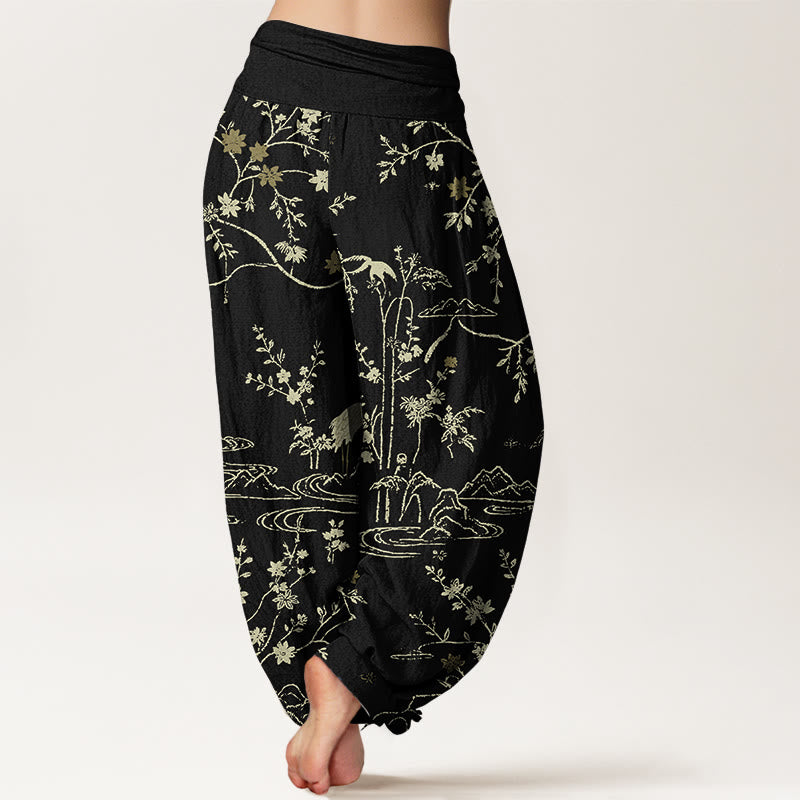 Buddha Stones Crane Floral Tree Branches Pattern Print Women's Elastic Waist Harem Pure Cotton Pants - image 9