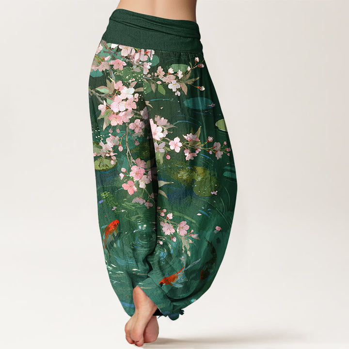Buddha Stones Pure Cotton Sakura Blossoms Koi Fish Lotus Leaves Women's Elastic Waist Harem Pants - image 1