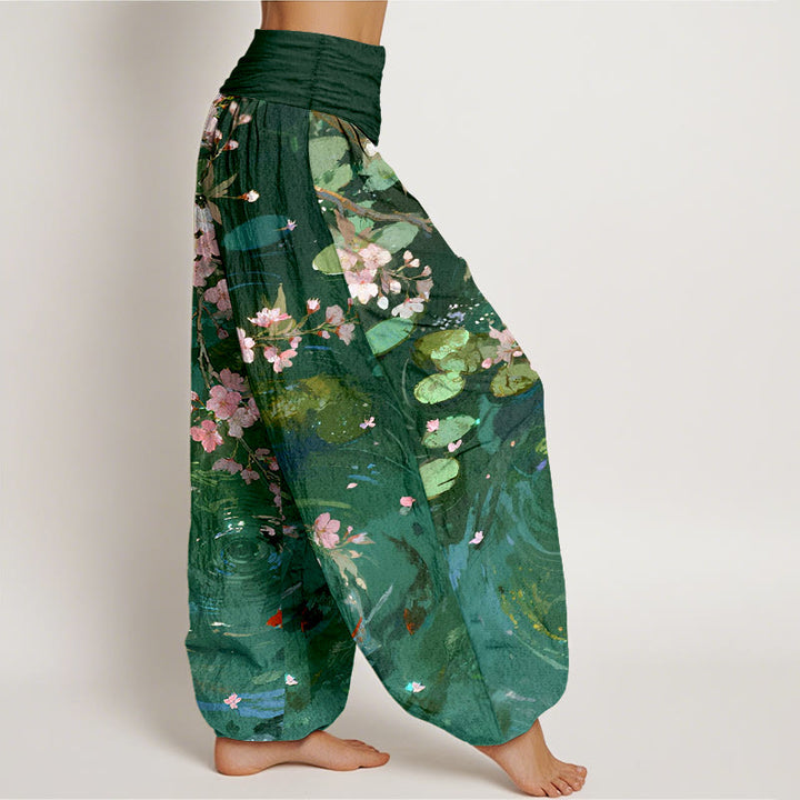 Buddha Stones Pure Cotton Sakura Blossoms Koi Fish Lotus Leaves Women's Elastic Waist Harem Pants - image 2