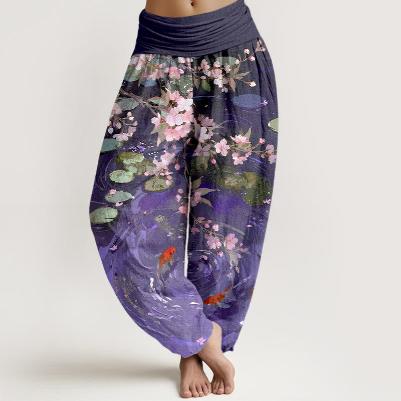 Buddha Stones Pure Cotton Sakura Blossoms Koi Fish Lotus Leaves Women's Elastic Waist Harem Pants - DarkViolet - US16，UK/AU20，EU48 (3XL) - image 5