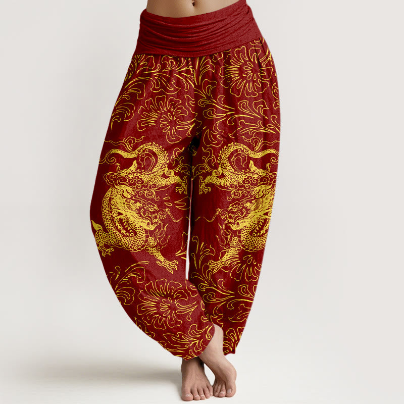 Buddha Stones Pure Cotton Dragon Floral Women's Elastic Waist Harem Pants - FireBrick - US16，UK/AU20，EU48 (3XL) - image 0
