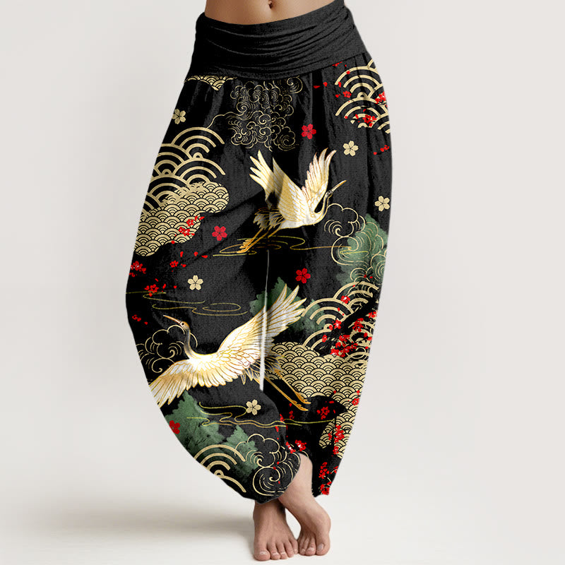 Buddha Stones Print Crane Auspicious Clouds Flowers Pattern Women's Elastic Waist Harem Cotton Pants - Blcak - US16，UK/AU20，EU48 (3XL) - image 0