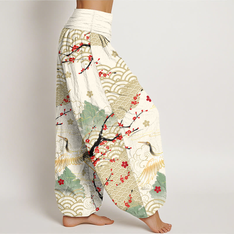 Buddha Stones Print Crane Auspicious Clouds Flowers Pattern Women's Elastic Waist Harem Cotton Pants - image 10