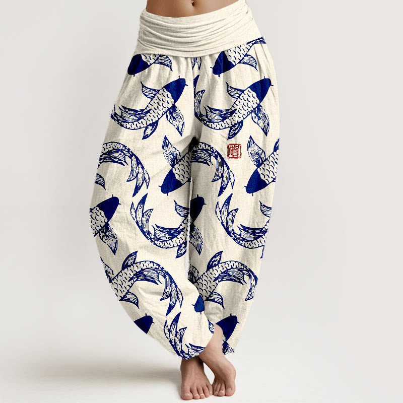 Buddha Stones Pure Cotton Swimming Koi Fish Women's Elastic Waist Harem Pants - Linen - US16，UK/AU20，EU48 (3XL) - image 8