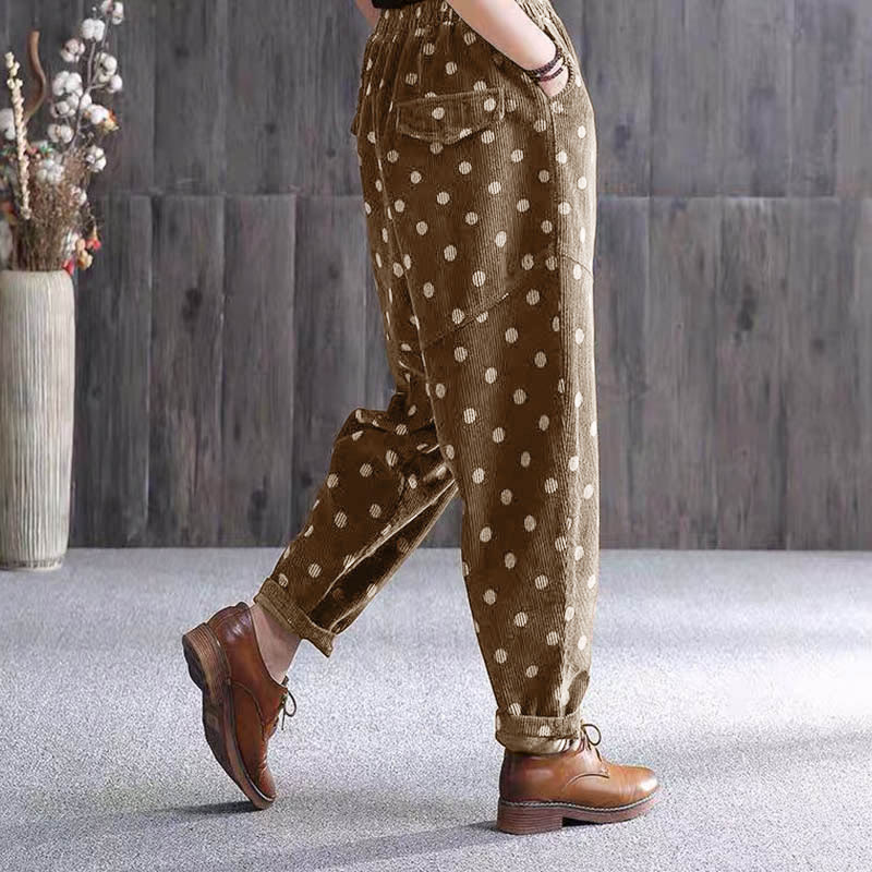 Buddha Stones Women's Fall Commute Printing Dot Pattern Corduroy Harem Pants With Pockets - image 4