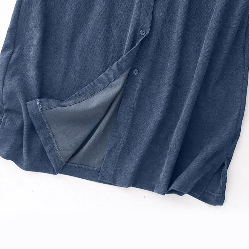 Buddha Stones Fall Plain Buttons Design Long Sleeve Corduroy Midi Dress With Pockets - image 3