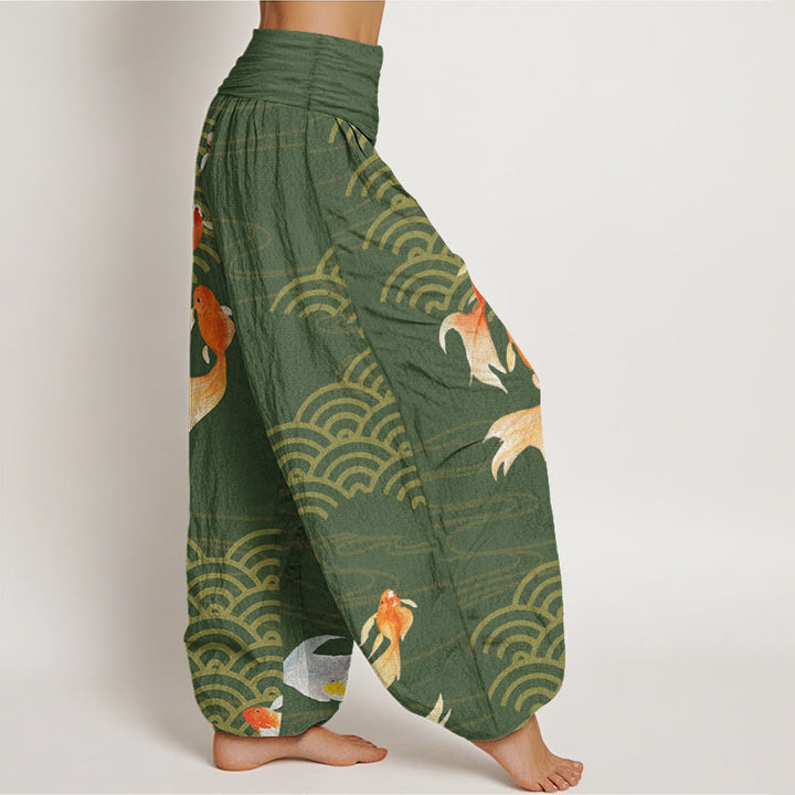 Buddha Stones Pure Cotton Red Koi Fish Fan-shaped Waves Women's Elastic Waist Harem Pants - image 2