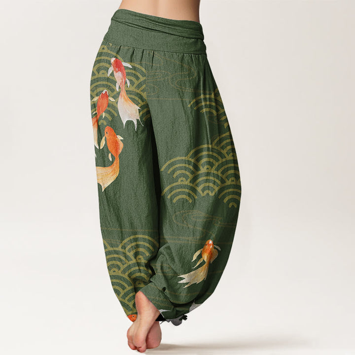 Buddha Stones Pure Cotton Red Koi Fish Fan-shaped Waves Women's Elastic Waist Harem Pants - image 1