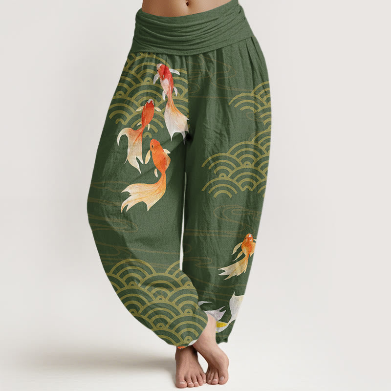 Buddha Stones Pure Cotton Red Koi Fish Fan-shaped Waves Women's Elastic Waist Harem Pants - MediumSeaGreen - US16，UK/AU20，EU48 (3XL) - image 0