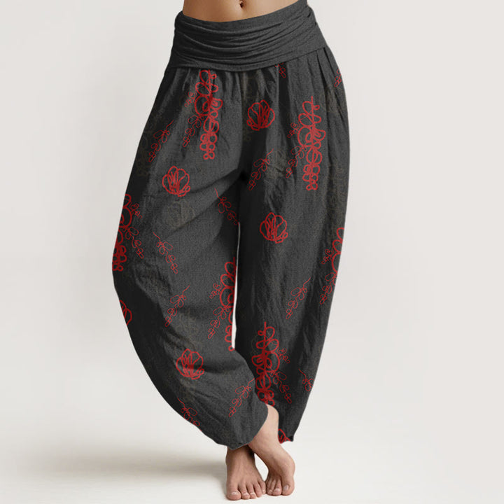 Buddha Stones Print Hand-painted Flowers Branches Pattern Women's Elastic Waist Harem Cotton Pants - Black & Red - US16，UK/AU20，EU48 (3XL) - image 5