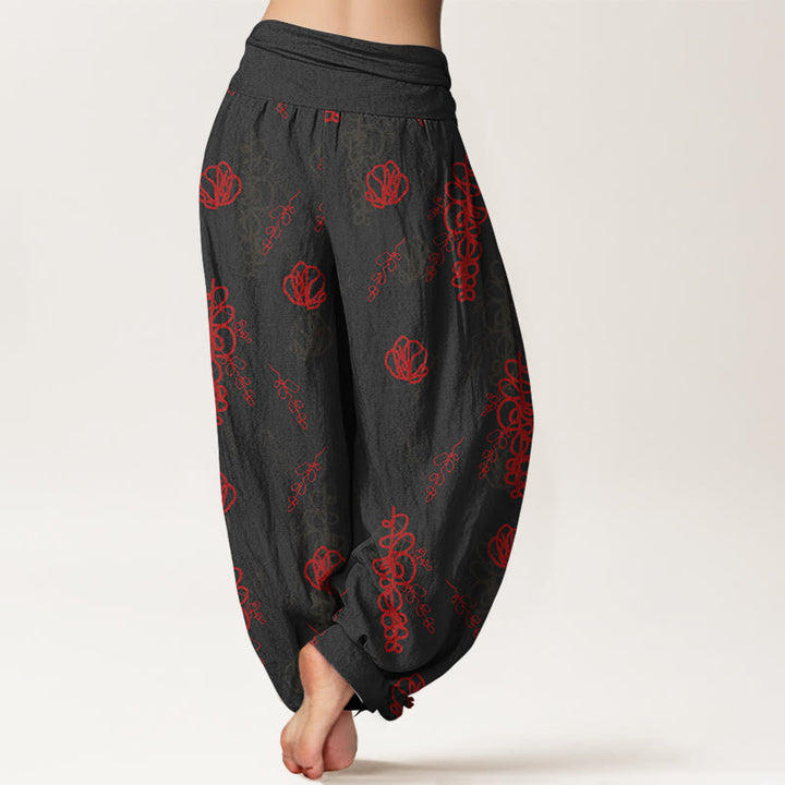 Buddha Stones Print Hand-painted Flowers Branches Pattern Women's Elastic Waist Harem Cotton Pants - image 6