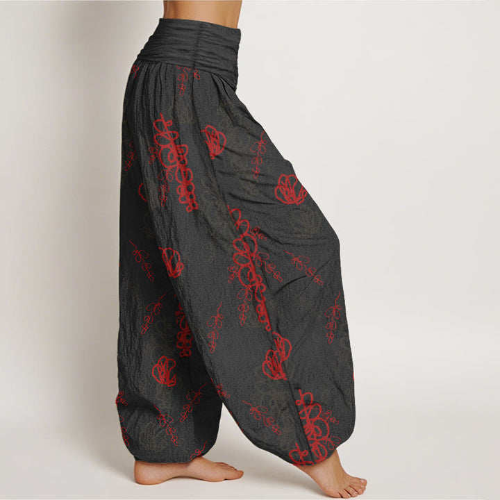 Buddha Stones Print Hand-painted Flowers Branches Pattern Women's Elastic Waist Harem Cotton Pants - image 7