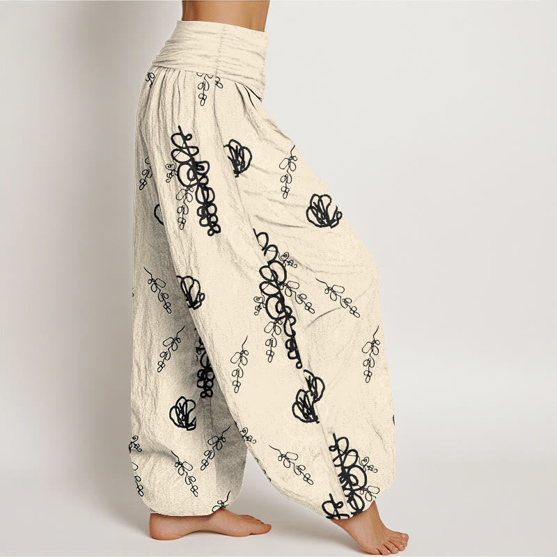 Buddha Stones Print Hand-painted Flowers Branches Pattern Women's Elastic Waist Harem Cotton Pants - image 10