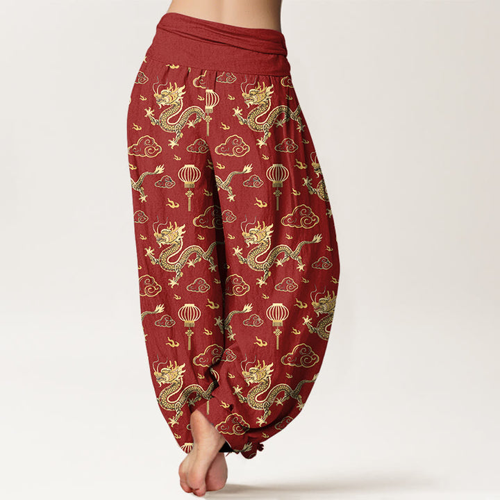 Buddha Stones Print Dragon Auspicious Cloud Lantern Pattern Women's Elastic Waist Harem Cotton Pants - image 1