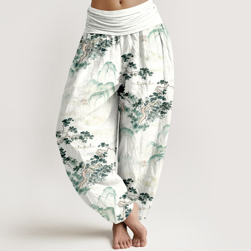 Buddha Stones Print Pine Trees Mountains Pattern Pure Cotton Women's Elastic Waist Harem Pants - SeaGreen - US16，UK/AU20，EU48 (3XL) - image 0