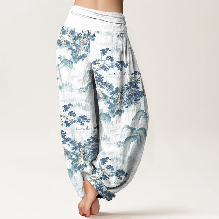 Buddha Stones Print Pine Trees Mountains Pattern Pure Cotton Women's Elastic Waist Harem Pants - image 10
