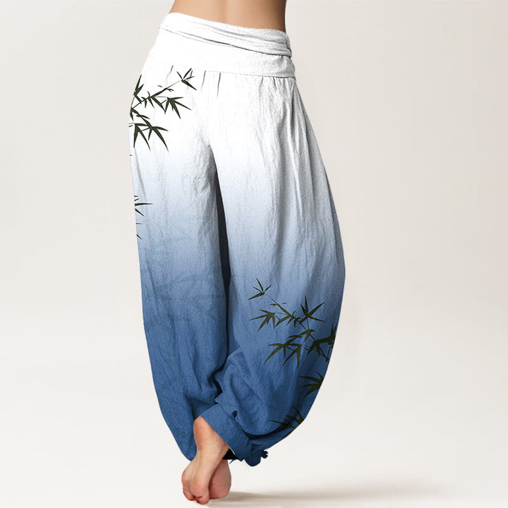 Buddha Stones Casual Bamboo Leaves Gradient Pattern Pure Cotton Women's Elastic Waist Harem Pants - image 9