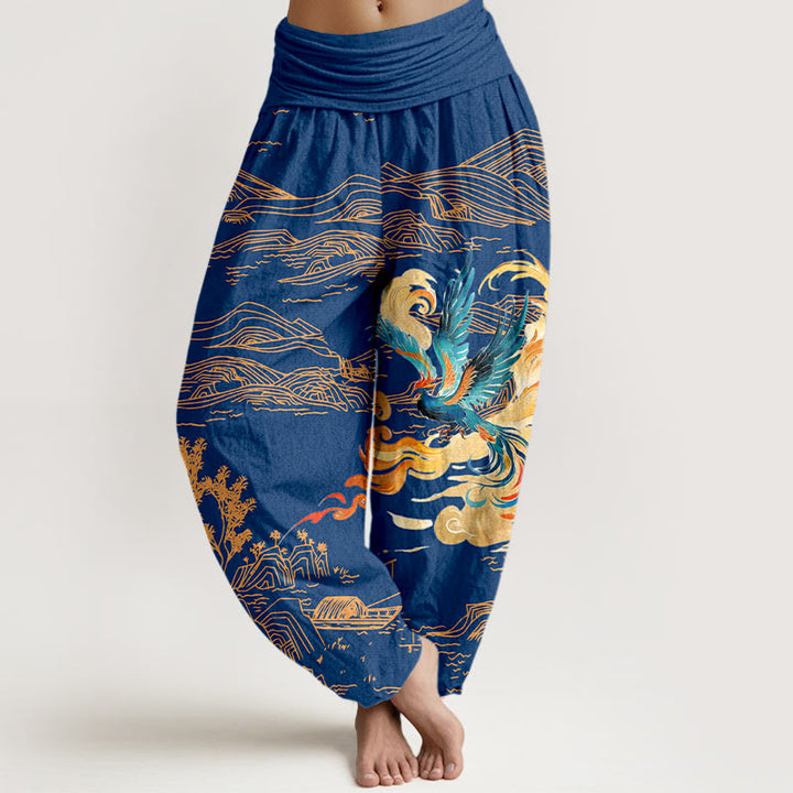 Buddha Stones Phoenix Mountains Landscape Pattern Women's Elastic Waist Harem Pure Cotton Pants - MediumBlue - US16，UK/AU20，EU48 (3XL) - image 8