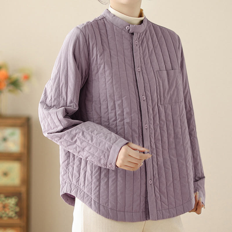 Buddha Stones Women's Stand Collar Simple Design Long Sleeve Thermal Cotton Jacket With Pocket - image 3