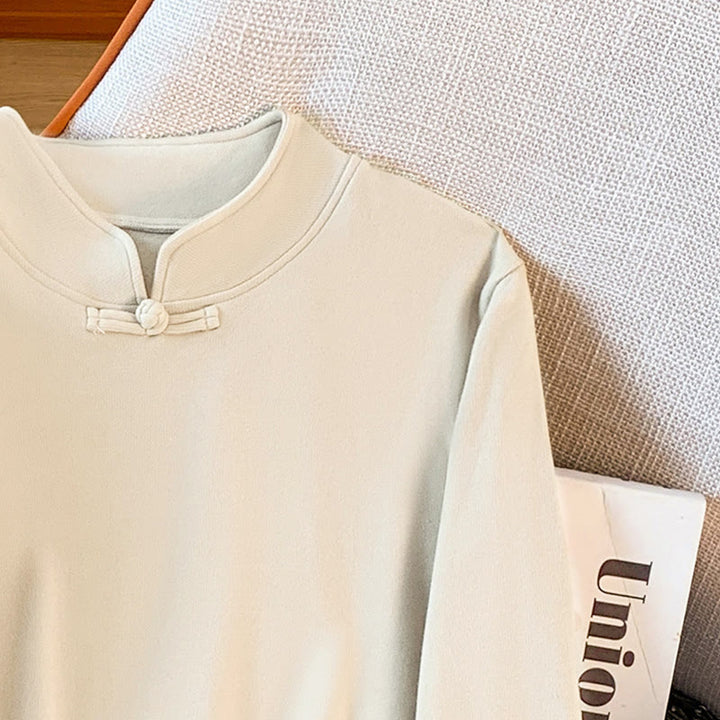 Buddha Stones Spring Solid Color Stand Collar Frog-button Design Women's Cotton Long Sleeve Shirt - image 8