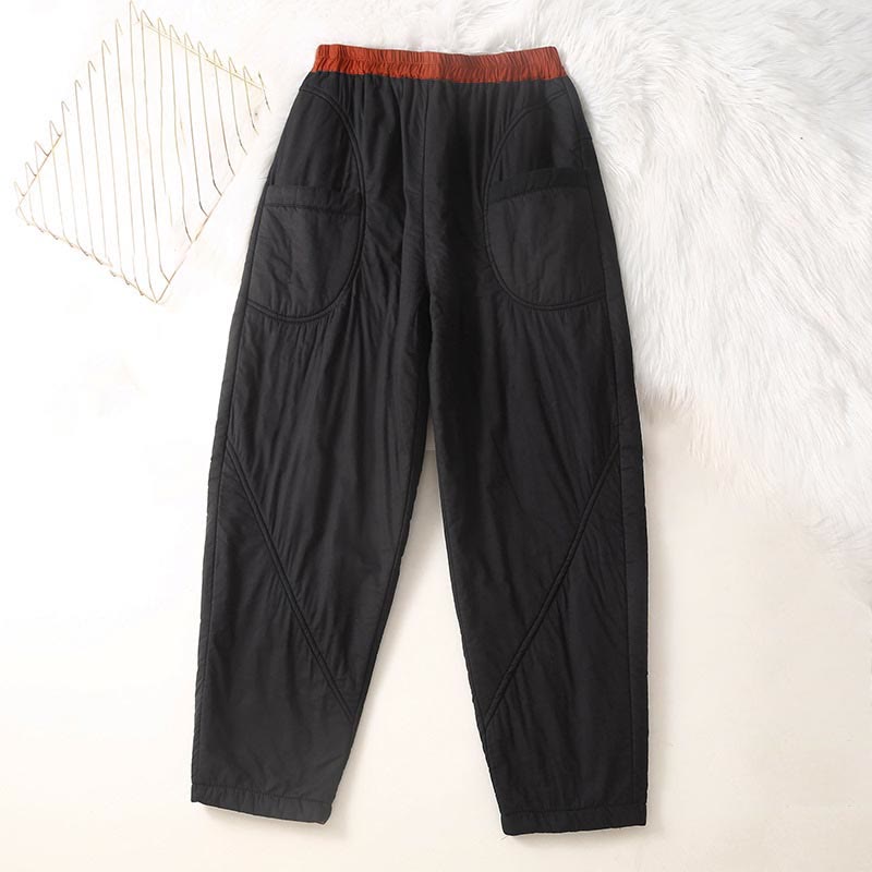 Buddha Stones Women's Winter Plain Elastic Waist Design Thickened Harem Pants With Pockets - Black - US8-10，UK/AU12-14，EU40-42 (2XL) - image 3