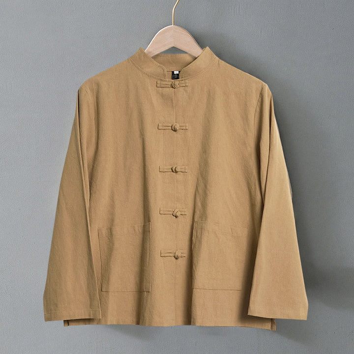 Buddha Stones Ethnic Frog-Button Long Sleeve Stand Collar Women's Cotton Shirt With Pockets - image 1