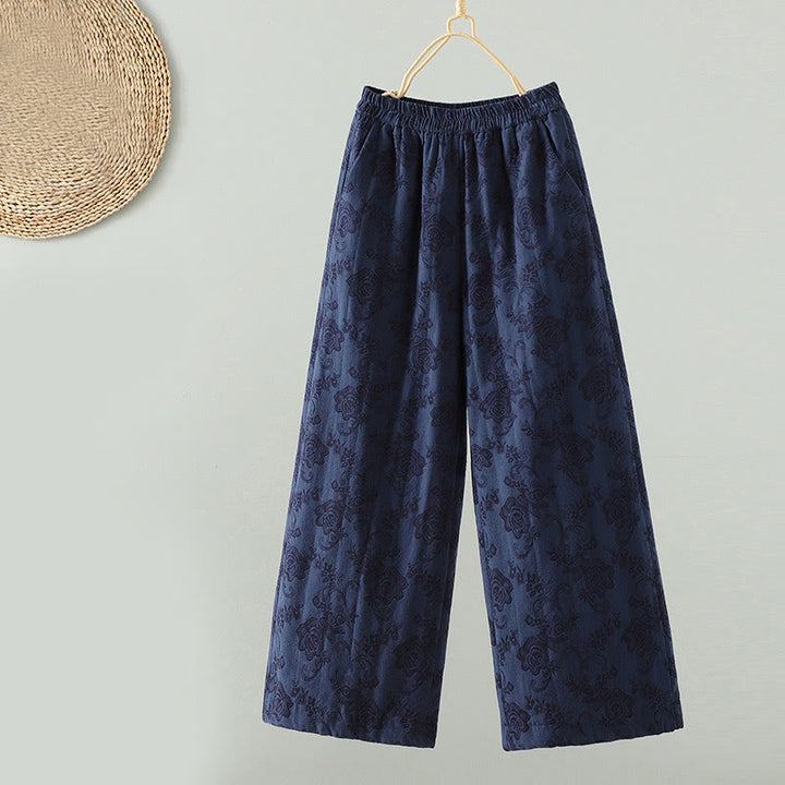 Buddha Stones Jacquard Cotton-padded Women's Wide Leg Thermal Ankle-Length Pants With Pockets - MidnightBlue - US8-10，UK/AU12-14，EU40-42 (2XL) - image 0