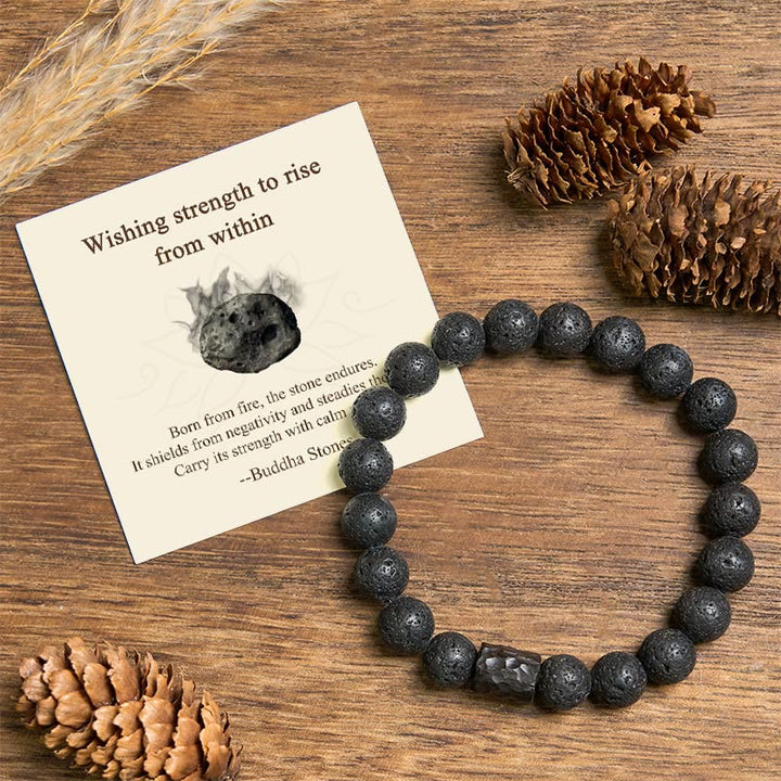Buddha Stones "Wishing Strength to Rise from Within" Lava Rock Bracelet Includes Gift Message Card - Lava Rock&Ebony Wood - 20cm - Standard Gift Box - image 0