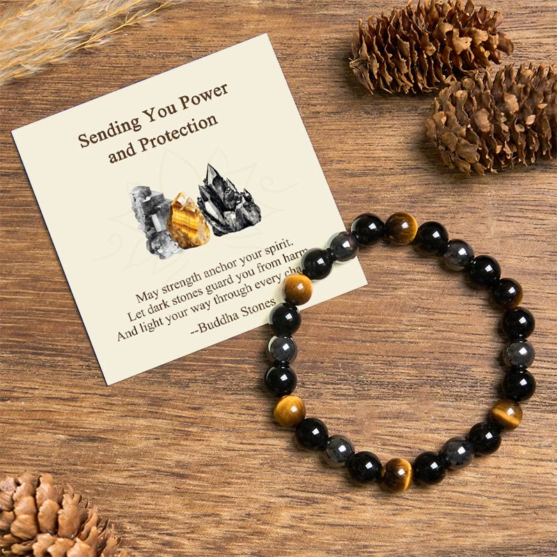 Buddha Stones "Sending You Power and Protection" Tiger's Eye Bracelet Includes Gift Message Card - Yellow Tiger Eye Obsidian Hematite(Wrist Circumference: 14-18cm) - Standard Gift Box - image 0