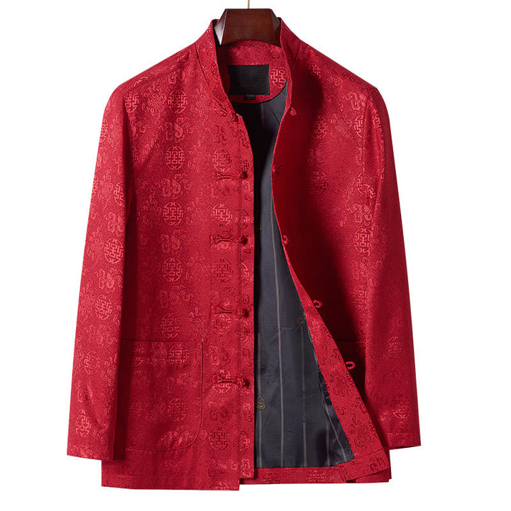 Buddha Stones Embroidery Pattern Stand Collar Long Sleeve Men's Tang Suit Jacket With Pockets - Red - US/UK/AU42，EU52 (3XL) - image 0