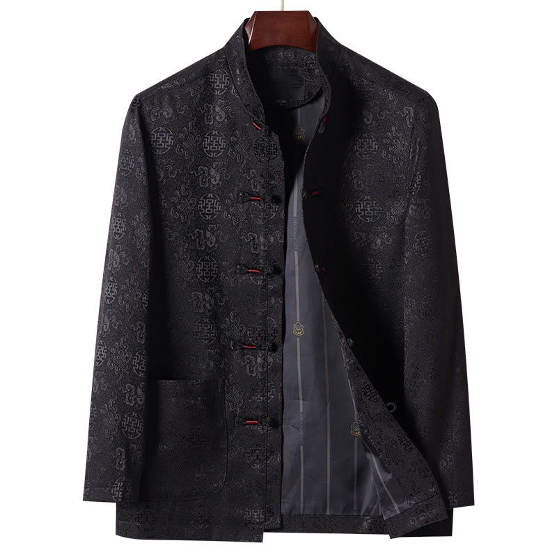 Buddha Stones Embroidery Pattern Stand Collar Long Sleeve Men's Tang Suit Jacket With Pockets - Black - US/UK/AU42，EU52 (3XL) - image 11