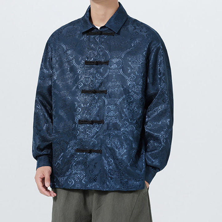 Buddha Stones Spring Jacquard Lapel Long Sleeve Men's Tang Suit Frog-Button Jacket With Pockets - image 2