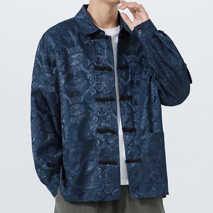 Buddha Stones Spring Jacquard Lapel Long Sleeve Men's Tang Suit Frog-Button Jacket With Pockets - image 6