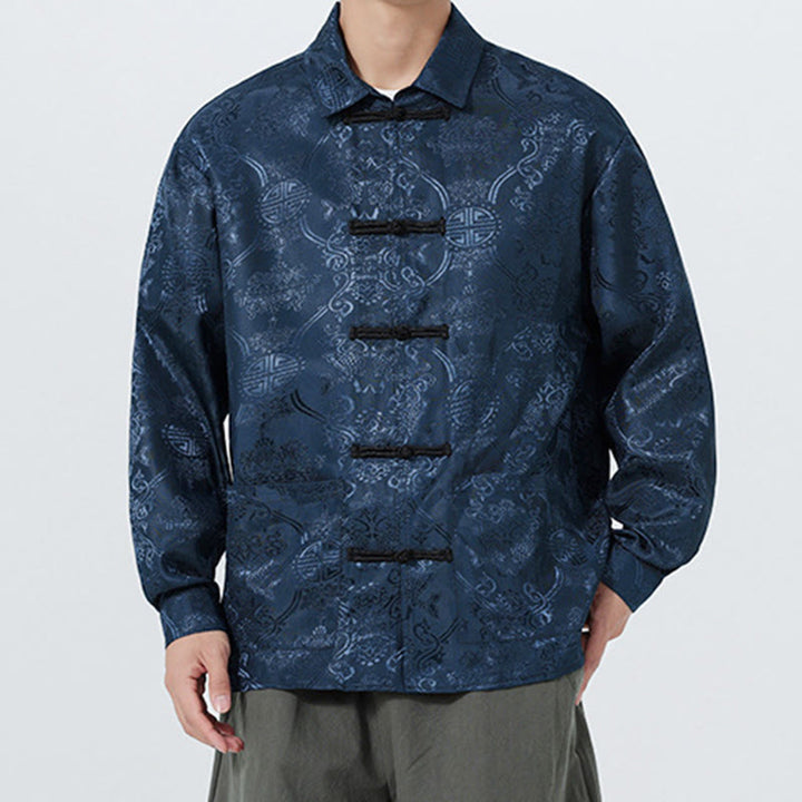 Buddha Stones Spring Jacquard Lapel Long Sleeve Men's Tang Suit Frog-Button Jacket With Pockets - image 3