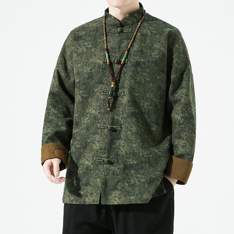 Buddha Stones Spring Printed Floral Pattern Men's Chinese Frog-button Long Sleeve Cotton Jacket - image 2
