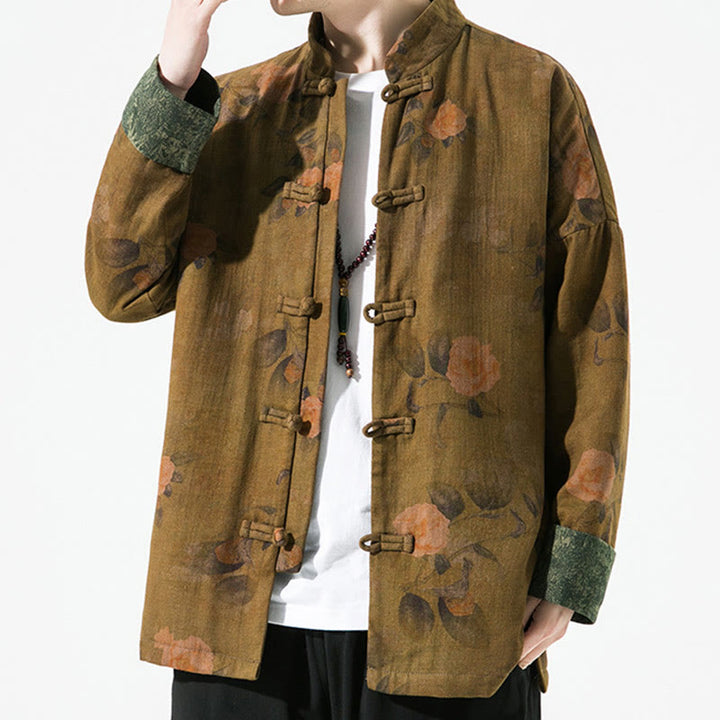 Buddha Stones Spring Printed Floral Pattern Men's Chinese Frog-button Long Sleeve Cotton Jacket - image 14