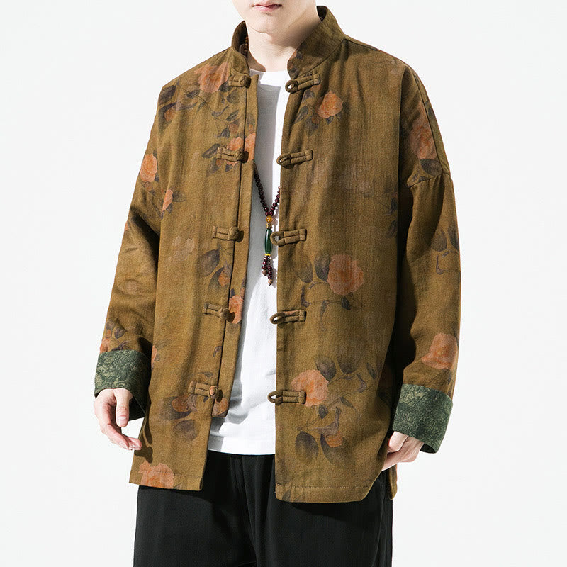 Buddha Stones Spring Printed Floral Pattern Men's Chinese Frog-button Long Sleeve Cotton Jacket - DarkGoldenrod - US/UK/AU46，EU56 (5XL) - image 9