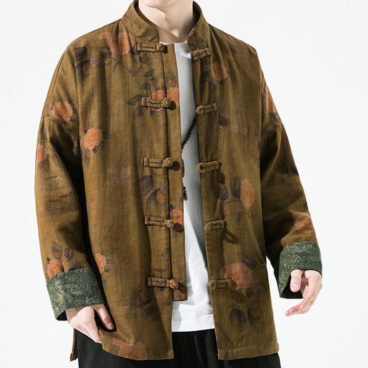 Buddha Stones Spring Printed Floral Pattern Men's Chinese Frog-button Long Sleeve Cotton Jacket - image 17