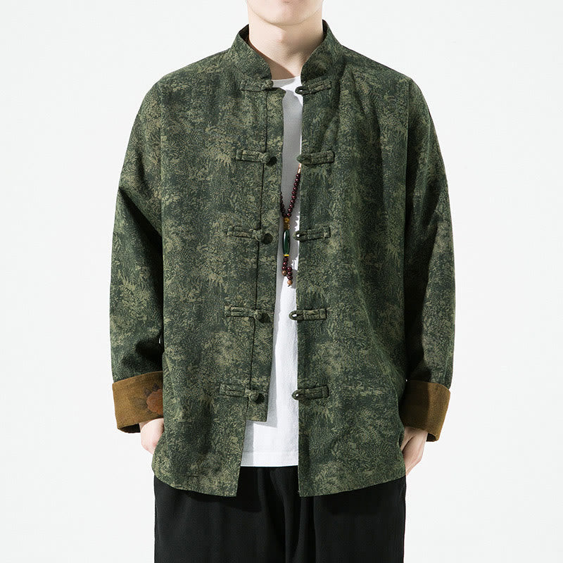 Buddha Stones Spring Printed Floral Pattern Men's Chinese Frog-button Long Sleeve Cotton Jacket - DarkGreen - US/UK/AU46，EU56 (5XL) - image 0