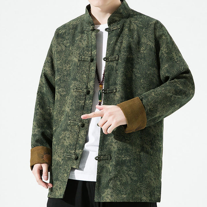 Buddha Stones Spring Printed Floral Pattern Men's Chinese Frog-button Long Sleeve Cotton Jacket - image 3